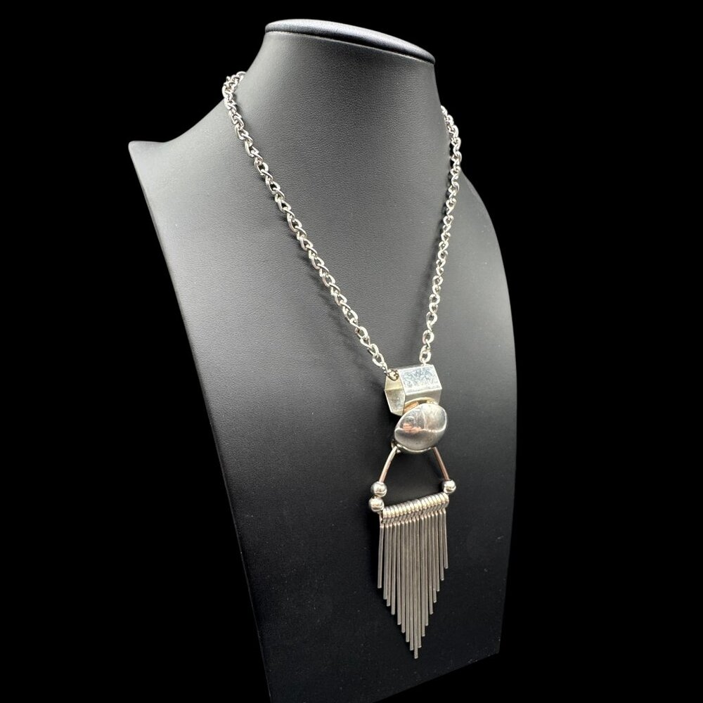 Silver Tone Modernist Necklace Dangling Metal 30 inches